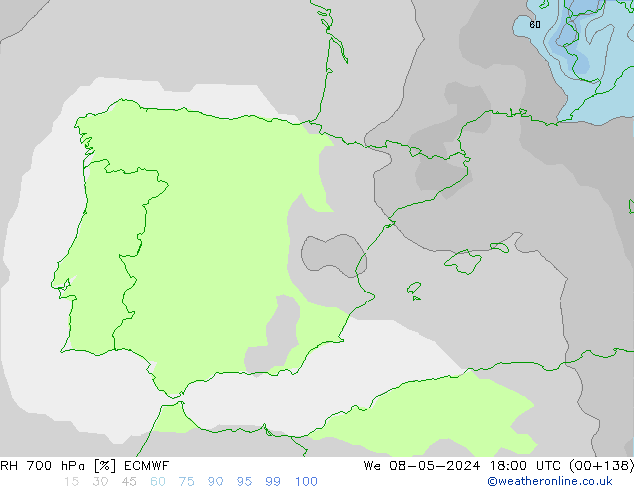 RH 700 hPa ECMWF We 08.05.2024 18 UTC