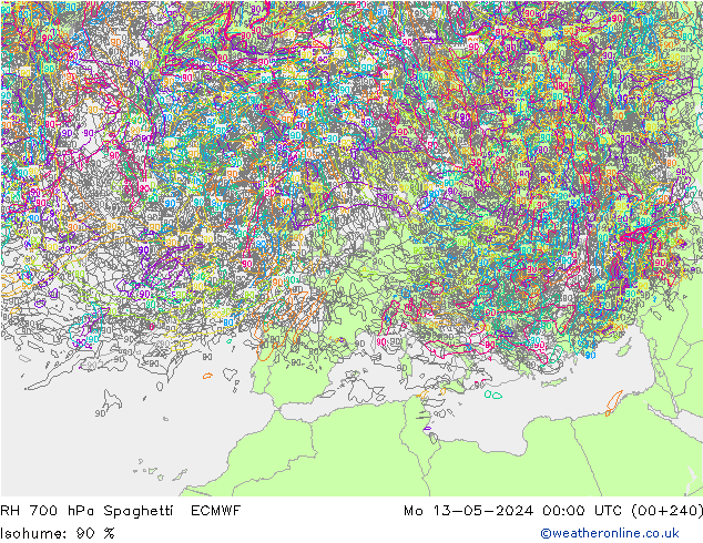 Humedad rel. 700hPa Spaghetti ECMWF lun 13.05.2024 00 UTC