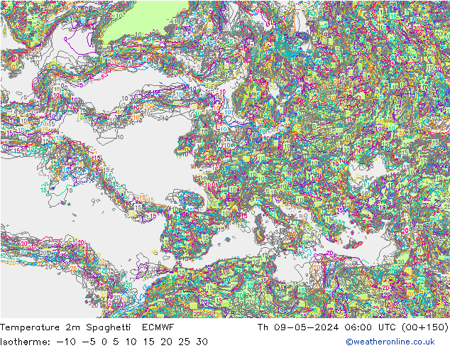 Temperature 2m Spaghetti ECMWF Th 09.05.2024 06 UTC