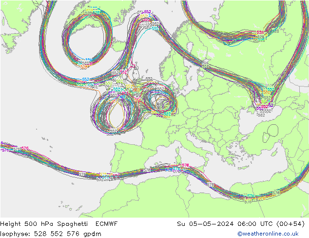 Geop. 500 hPa Spaghetti ECMWF dom 05.05.2024 06 UTC