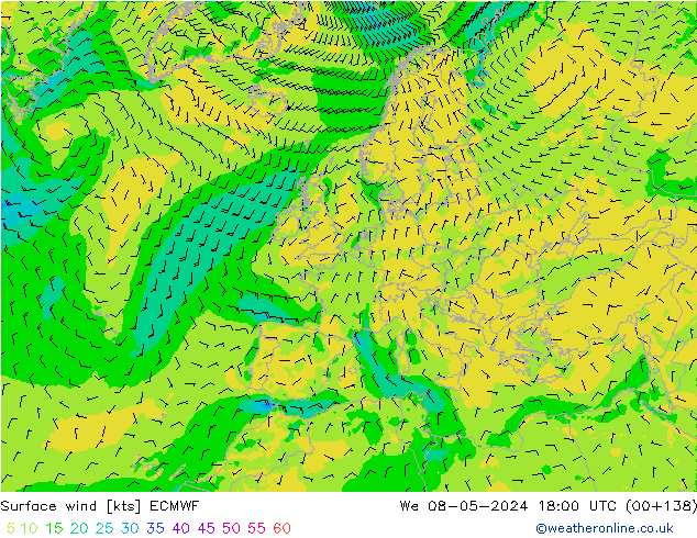 Vento 10 m ECMWF Qua 08.05.2024 18 UTC