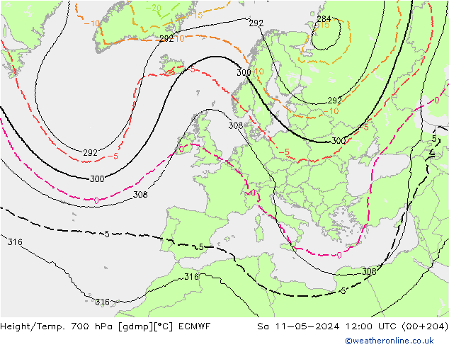 Height/Temp. 700 hPa ECMWF Sa 11.05.2024 12 UTC