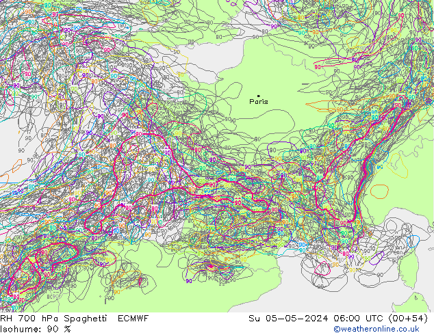Humidité rel. 700 hPa Spaghetti ECMWF dim 05.05.2024 06 UTC