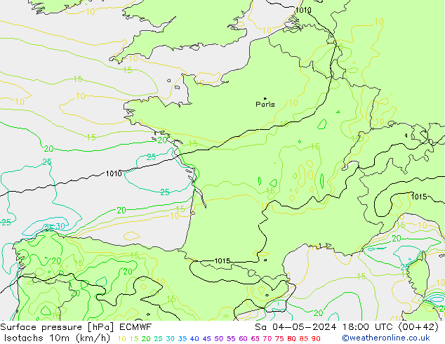 Isotachs (kph) ECMWF sab 04.05.2024 18 UTC