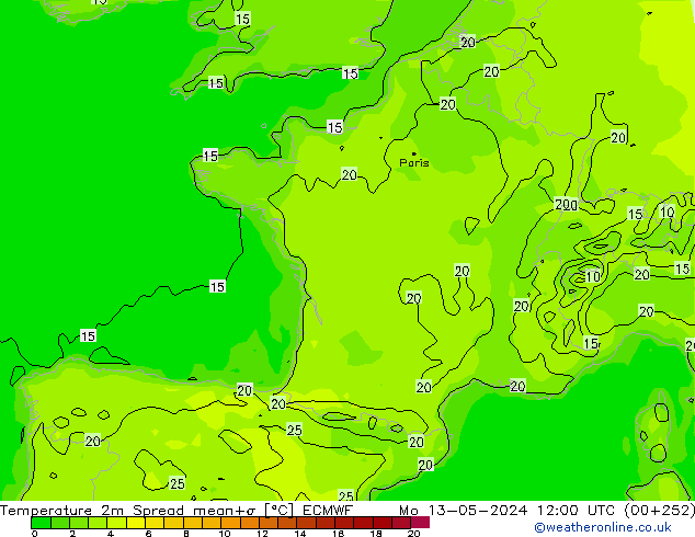 Temperature 2m Spread ECMWF Mo 13.05.2024 12 UTC