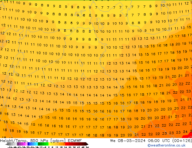 Géop./Temp. 850 hPa ECMWF mer 08.05.2024 06 UTC