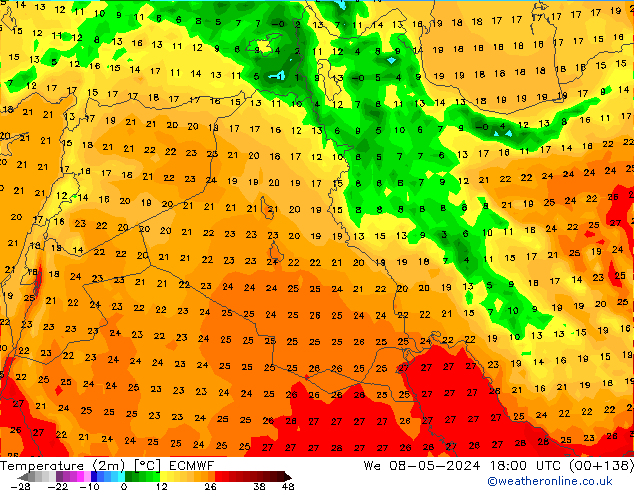 Temperatura (2m) ECMWF Qua 08.05.2024 18 UTC