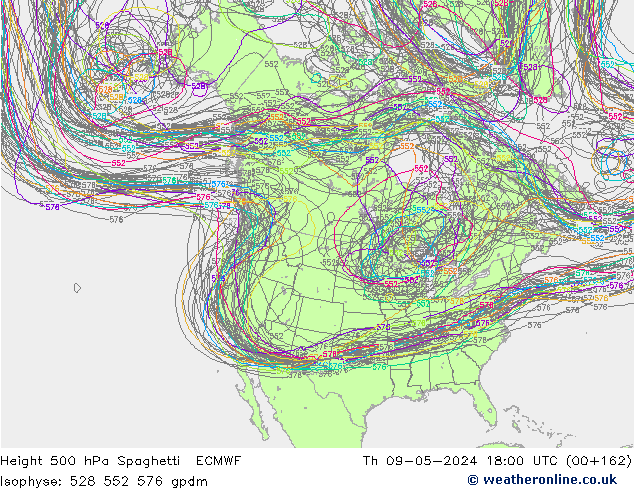 Height 500 гПа Spaghetti ECMWF чт 09.05.2024 18 UTC