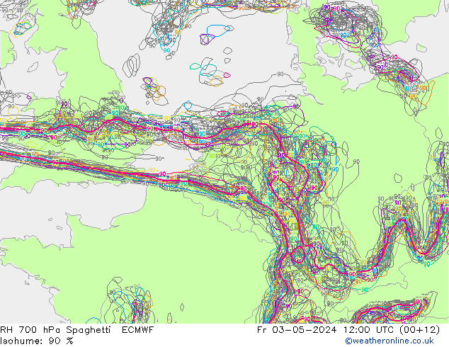 RH 700 hPa Spaghetti ECMWF Fr 03.05.2024 12 UTC