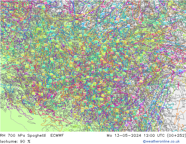 RH 700 hPa Spaghetti ECMWF Mo 13.05.2024 12 UTC