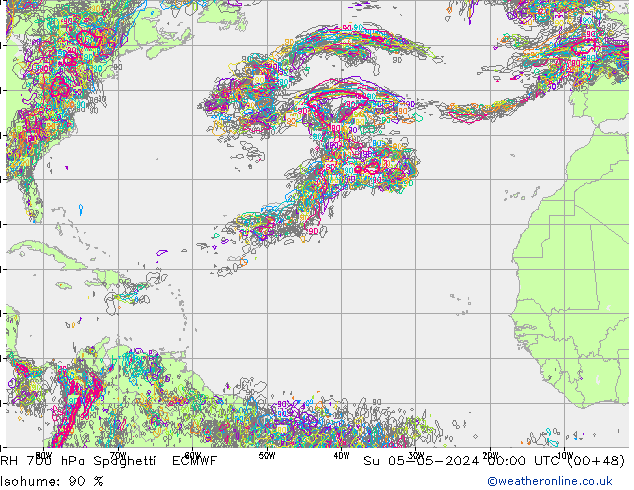 RH 700 hPa Spaghetti ECMWF Su 05.05.2024 00 UTC