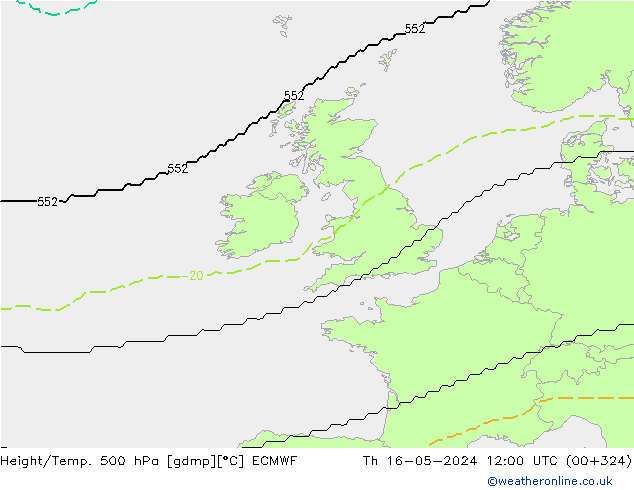 Height/Temp. 500 hPa ECMWF Th 16.05.2024 12 UTC