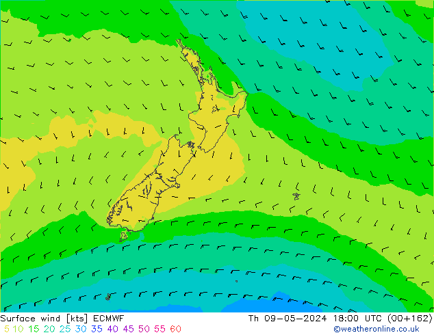 Surface wind ECMWF Čt 09.05.2024 18 UTC