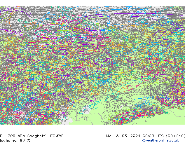 RH 700 hPa Spaghetti ECMWF pon. 13.05.2024 00 UTC