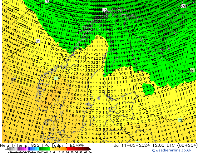 Yükseklik/Sıc. 925 hPa ECMWF Cts 11.05.2024 12 UTC