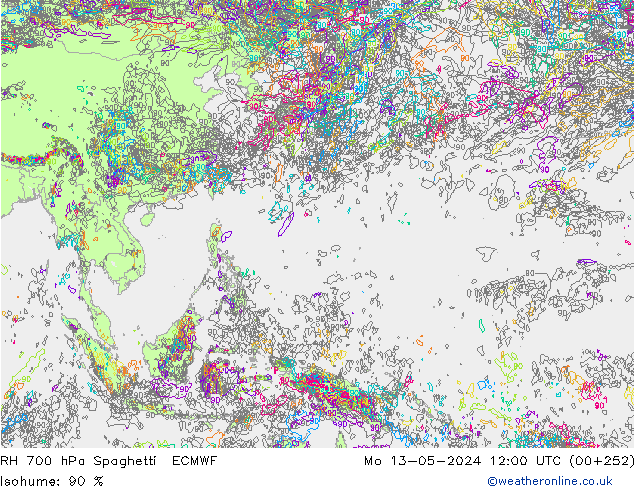 RH 700 hPa Spaghetti ECMWF pon. 13.05.2024 12 UTC