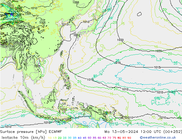 Isotachs (kph) ECMWF Mo 13.05.2024 12 UTC