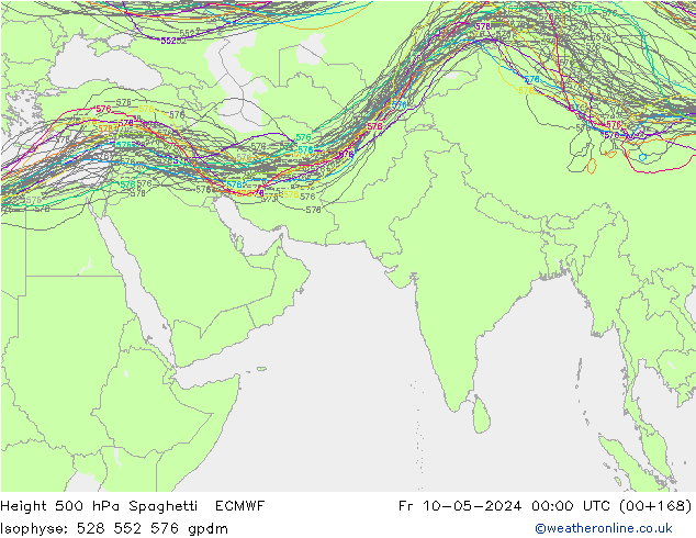 Height 500 hPa Spaghetti ECMWF Fr 10.05.2024 00 UTC