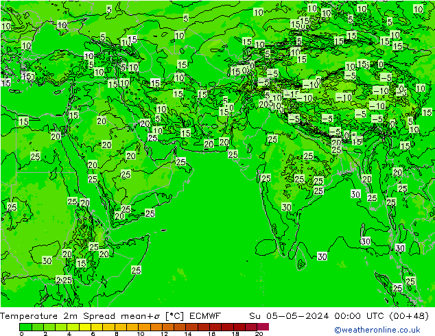 Temperature 2m Spread ECMWF Su 05.05.2024 00 UTC