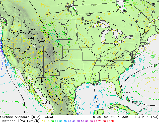 Isotachs (kph) ECMWF Th 09.05.2024 06 UTC