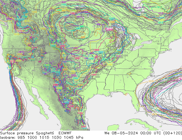 Presión superficial Spaghetti ECMWF mié 08.05.2024 00 UTC