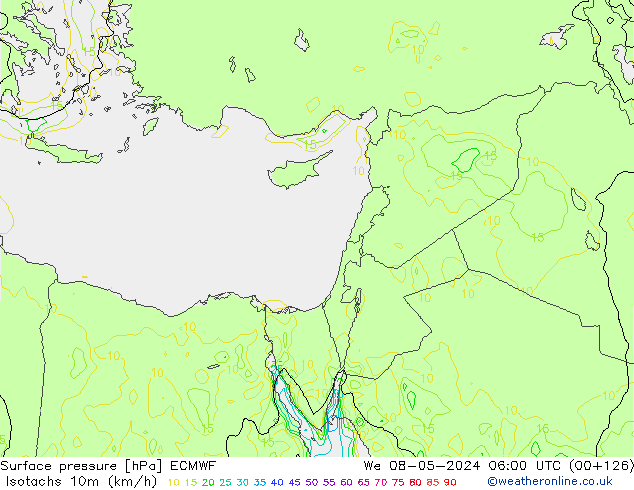 Izotacha (km/godz) ECMWF śro. 08.05.2024 06 UTC