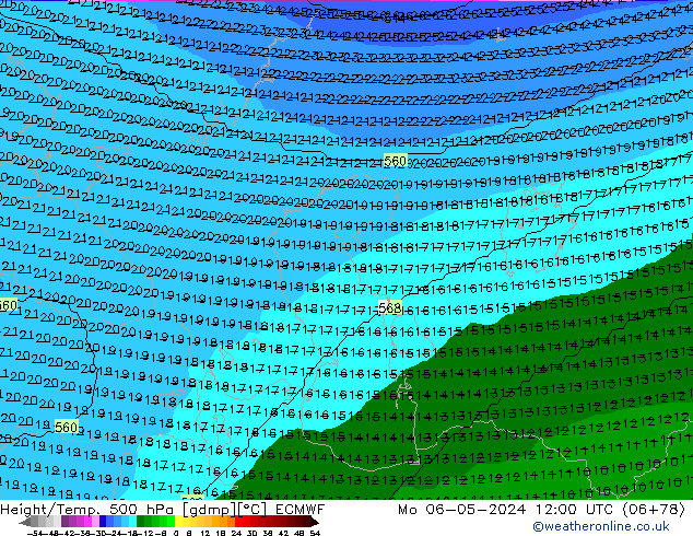 Height/Temp. 500 hPa ECMWF Mo 06.05.2024 12 UTC