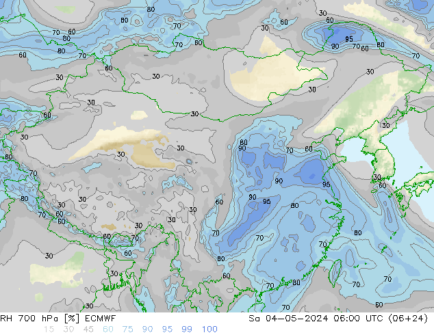 RH 700 hPa ECMWF 星期六 04.05.2024 06 UTC