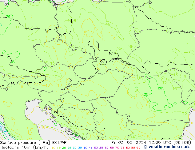 Isotachs (kph) ECMWF пт 03.05.2024 12 UTC