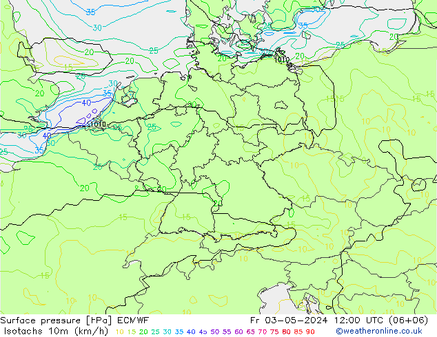Isotachs (kph) ECMWF Fr 03.05.2024 12 UTC