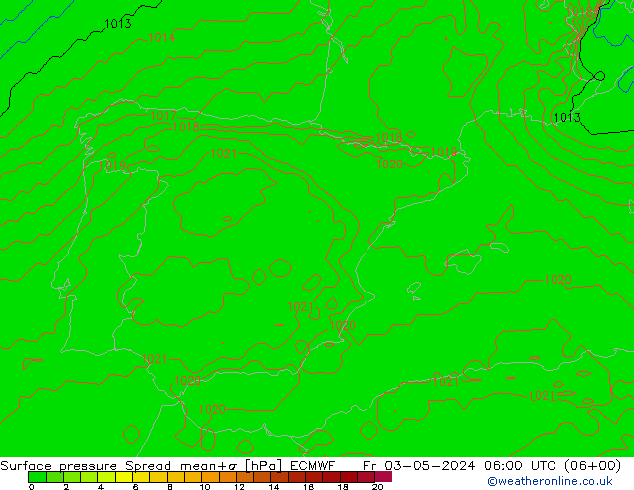 Pressione al suolo Spread ECMWF ven 03.05.2024 06 UTC