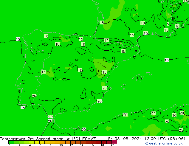 Temperatura 2m Spread ECMWF ven 03.05.2024 12 UTC