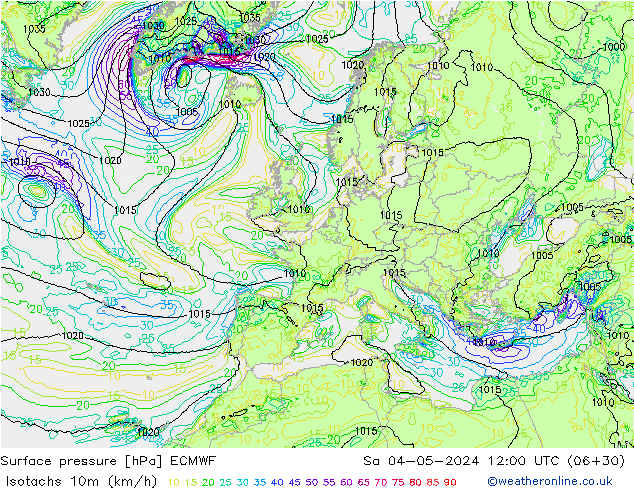 Isotachs (kph) ECMWF sam 04.05.2024 12 UTC