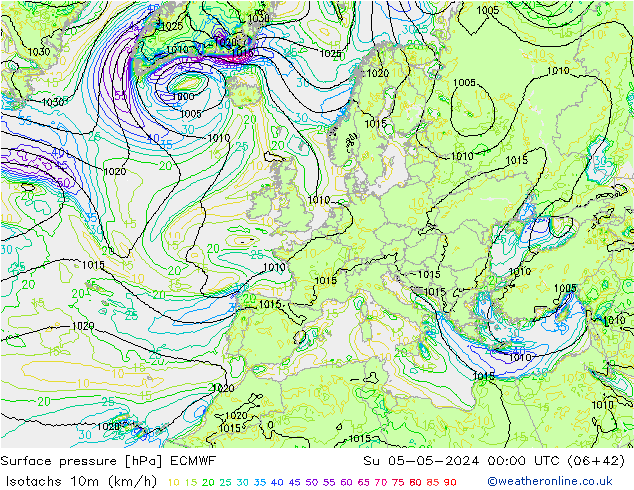 Isotachen (km/h) ECMWF So 05.05.2024 00 UTC