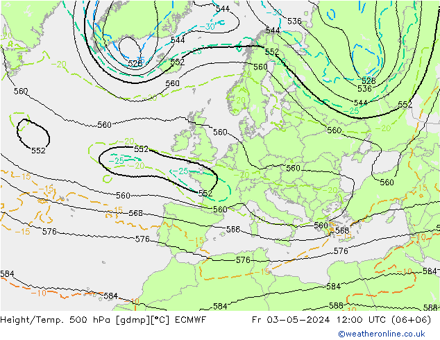 Height/Temp. 500 гПа ECMWF пт 03.05.2024 12 UTC