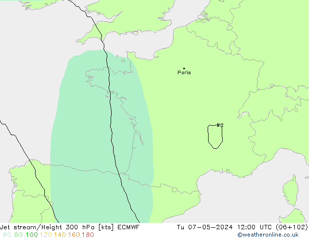 Jet stream/Height 300 hPa ECMWF Út 07.05.2024 12 UTC