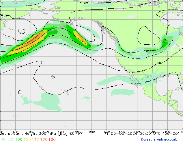 Jet stream/Height 300 hPa ECMWF Pá 03.05.2024 06 UTC