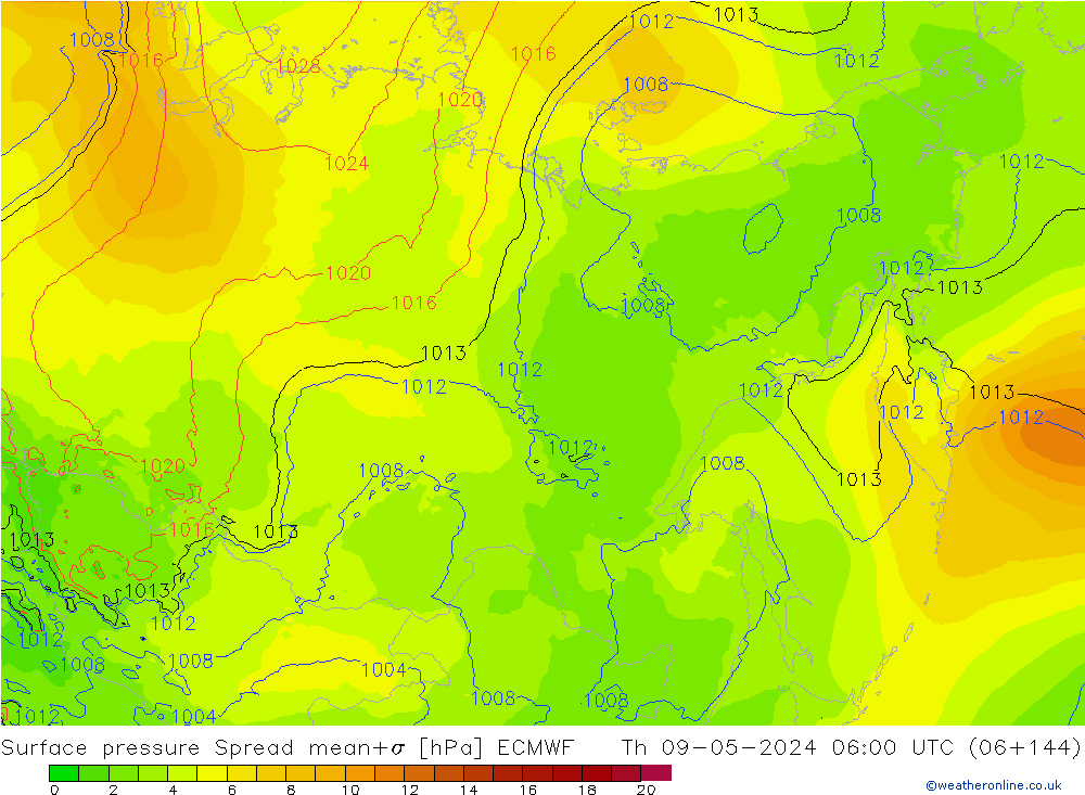 Surface pressure Spread ECMWF Th 09.05.2024 06 UTC