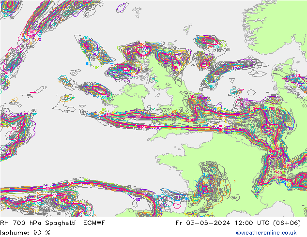 RH 700 hPa Spaghetti ECMWF Fr 03.05.2024 12 UTC