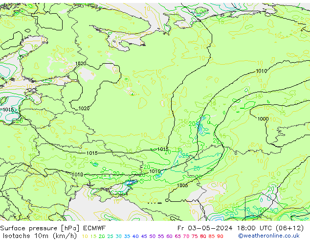 Isotachs (kph) ECMWF ven 03.05.2024 18 UTC