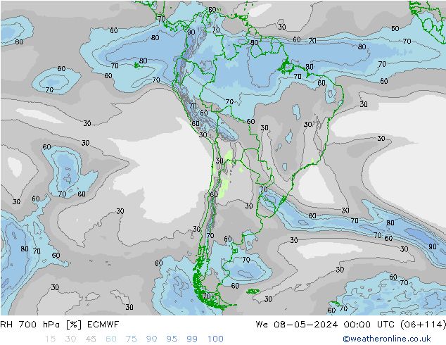 RH 700 hPa ECMWF Qua 08.05.2024 00 UTC