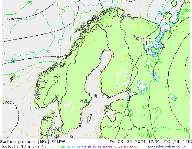 Isotachen (km/h) ECMWF wo 08.05.2024 12 UTC