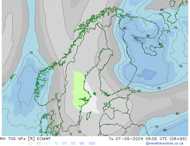 RH 700 hPa ECMWF Di 07.05.2024 06 UTC