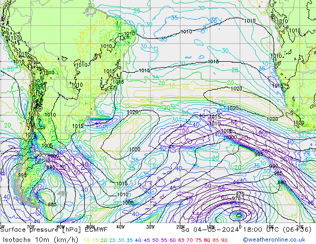 Izotacha (km/godz) ECMWF so. 04.05.2024 18 UTC