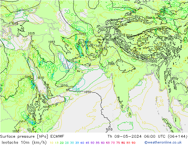 Izotacha (km/godz) ECMWF czw. 09.05.2024 06 UTC