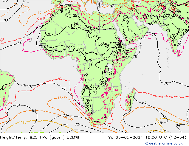 Height/Temp. 925 hPa ECMWF nie. 05.05.2024 18 UTC