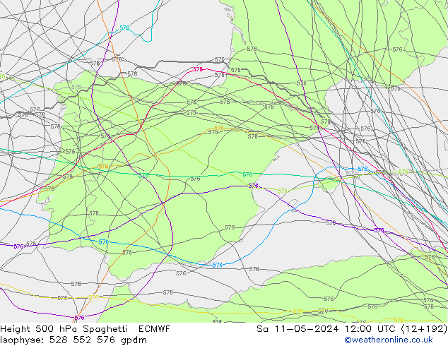 Height 500 hPa Spaghetti ECMWF Sa 11.05.2024 12 UTC