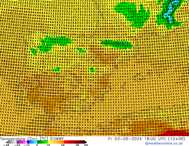 Temperatuurkaart (2m) ECMWF vr 03.05.2024 18 UTC