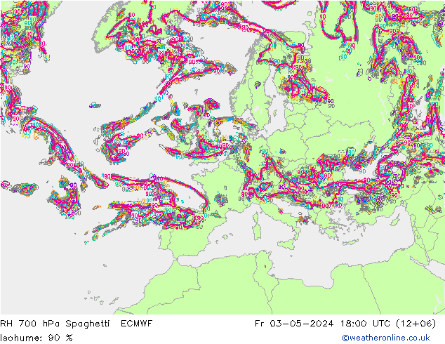RH 700 hPa Spaghetti ECMWF Fr 03.05.2024 18 UTC