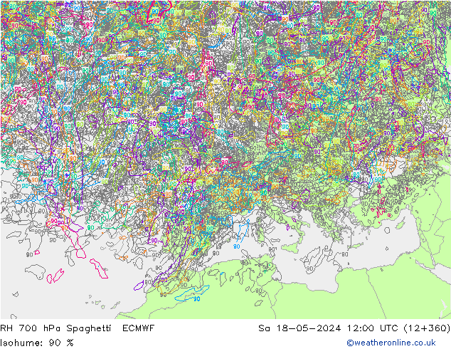 RH 700 hPa Spaghetti ECMWF Sa 18.05.2024 12 UTC